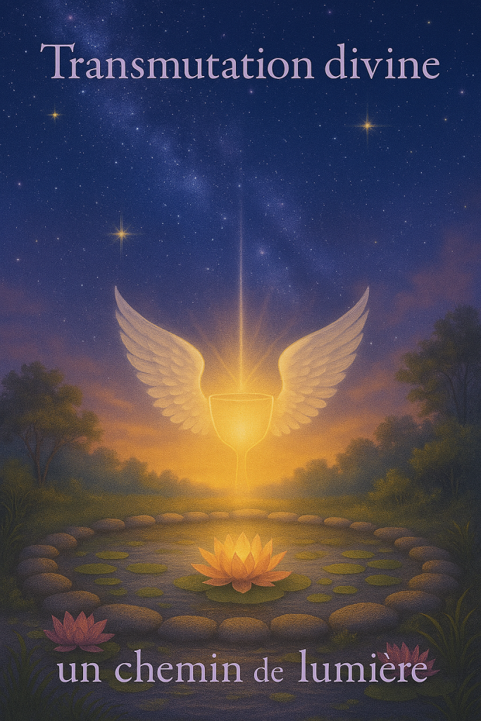 Transmutation divine et guérison spirituelle sous un ciel étoilé avec lotus et cercle de lumière